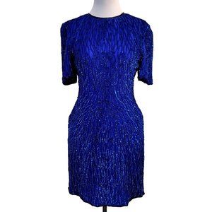 Vintage Laurence Kazar Womens L Bright Blue Sequin Beaded Mini Cocktail NYE Drag